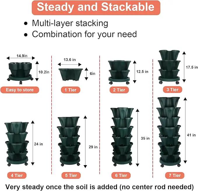 Vertical Planter 7 Tier Stackable Planters Garden Planters Strawberry Herb Flower and Vegetable Planter Indoor Outdoor Gardening Pots with Removable Wheels and Tools 2-Pack by GreenHaven Gardens
