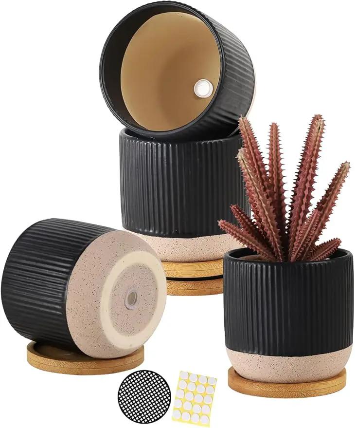 AOMRYOM 4 Inch Small Ceramic Plant Pots with Drainage Hole and Saucer, Modern Flower Planter for Succulent, Indoor Plants, Cactus, Herbs, Black, Set of 4 (Plant Not Included) by GreenHaven Gardens