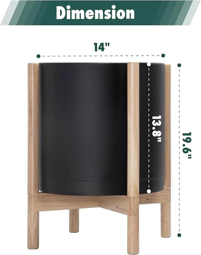 D'vine Dev Planter Pot with Stand - 14 Inch Plastic Cylinder Flower Pot with Wood Planter Holder for Indoor, Matte Black Pot + Natural Stand, 55-C-S-2 by GreenHaven Gardens
