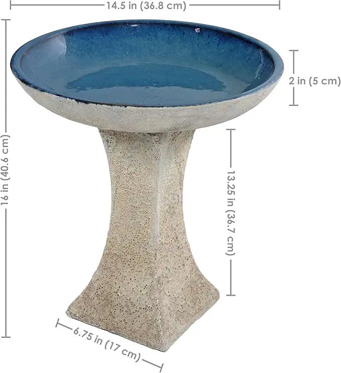 Sunnydaze Ceramic Bird Bath for Outside - 16" H - UV- and Frost-Resistant - Pedestal Bird Bath - Blue Glazed Bowl - White Lava Finish by GreenHaven Gardens