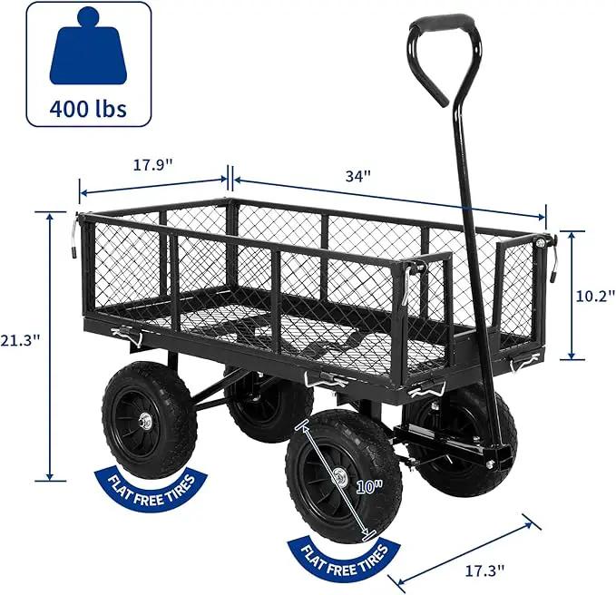 BILT HARD 400 lbs 10" Flat Free Tires Steel Garden Cart with 180° Rotating Handle and Removable Sides, 4 Cu.Ft Capacity Utility Heavy Duty Garden Carts and Wagons by GreenHaven Gardens