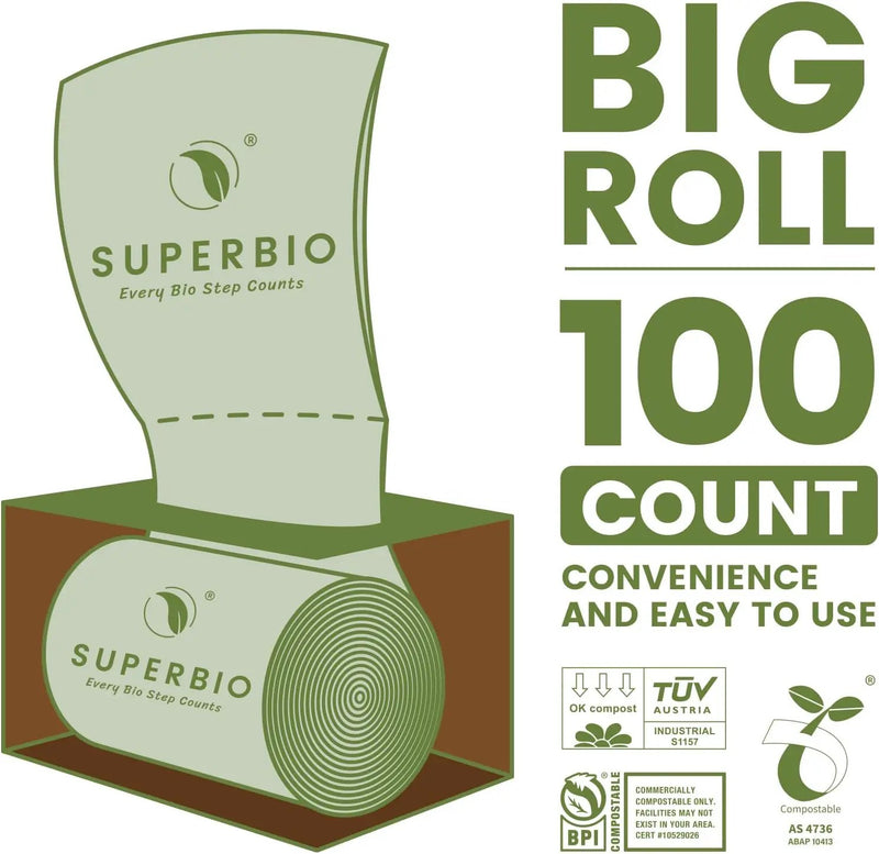 SUPERBIO 2.6 Gallon Flat Top Compostable Food Waste Bags, 100 Count, 2 Pack,9.84L, Food Scrap Bags, BPI Certified and OK compost INDUSTRIAL by GreenHaven Gardens