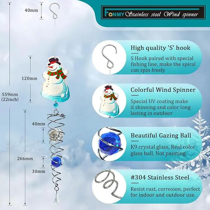 FONMY Snowman Gazing Ball Spiral Decorative Wind Spinner Sun Catcher Rainbow Maker Silver Spiral W/ K9 Crystal Ball Christmas Tree Hanging Ornament Indoor Outdoor Garden Decor. -22 inch H by GreenHaven Gardens