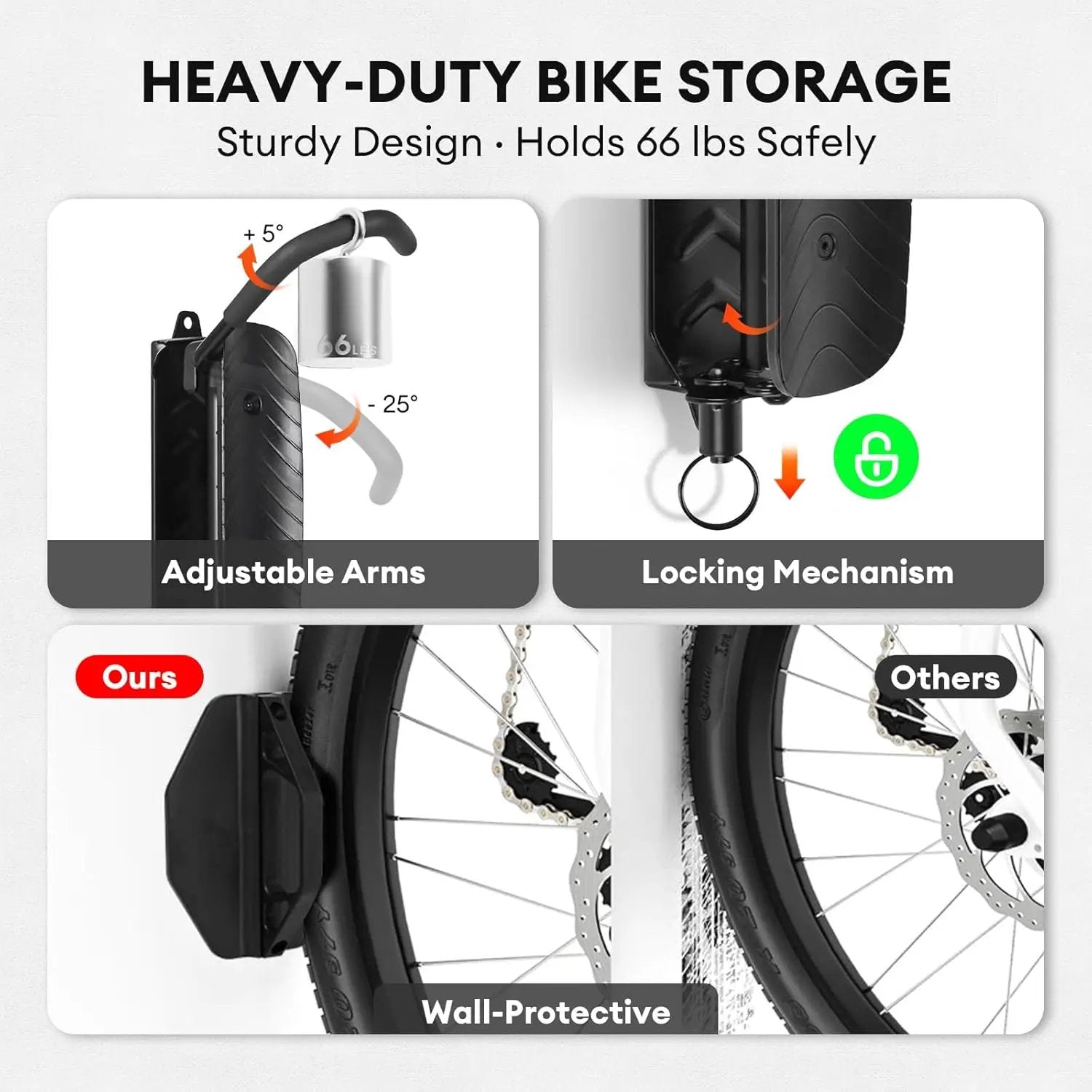 Bike Rack Garage, Bike Wall Mount – 2 Pack Bike Rack for Garage & Indoor Storage, Heavy Duty Vertical Bike Hanger Holds Up to 66 lbs, Space-Saving Bike Wall Rack for Home, Apartment, or Shed by GreenHaven Gardens