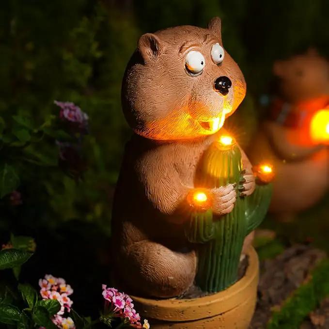 Solar Groundhog Garden Statue with LED Lights - Resin Cactus Planter Ornament for Outdoor Decor, Lawn, Patio, Yard, and Balcony, Unique Garden Gift for Women, Mom, and Grandma by GreenHaven Gardens