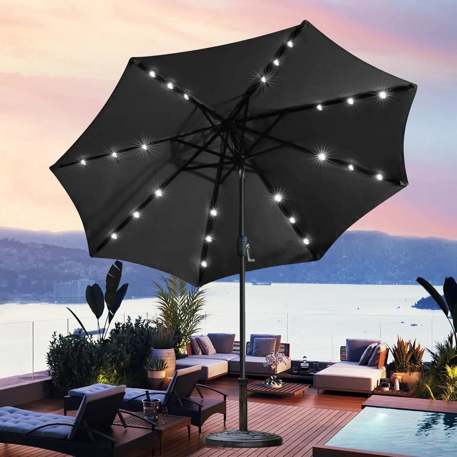 Sunnyglade 9' Solar LED Lighted Patio Umbrella with 8 Ribs/Tilt Adjustment and Crank Lift System (Black) by GreenHaven Gardens