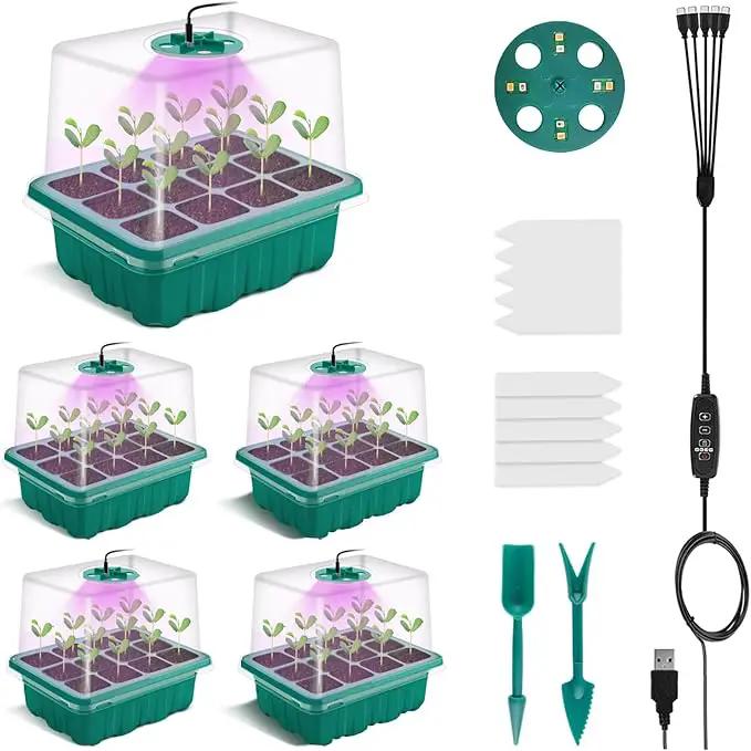 Seed Starter Tray with Grow Light, Plant Germination Starter Kit Seed Starter kit with Humidity Dome and Base for Greenhouse Grow Wheatgrass Hydroponic (Timed Seedling Tray) by GreenHaven Gardens