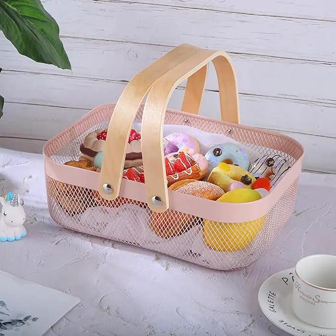 Metal Mesh Steel Basket, Storage Organizer Basket Garden Harvest Basket Multi-functional Kitchen Fruit Baskets Bin with Wooden Handle for Bathroom Picnic Shopping Decor Cabinet Home, Pink by GreenHaven Gardens