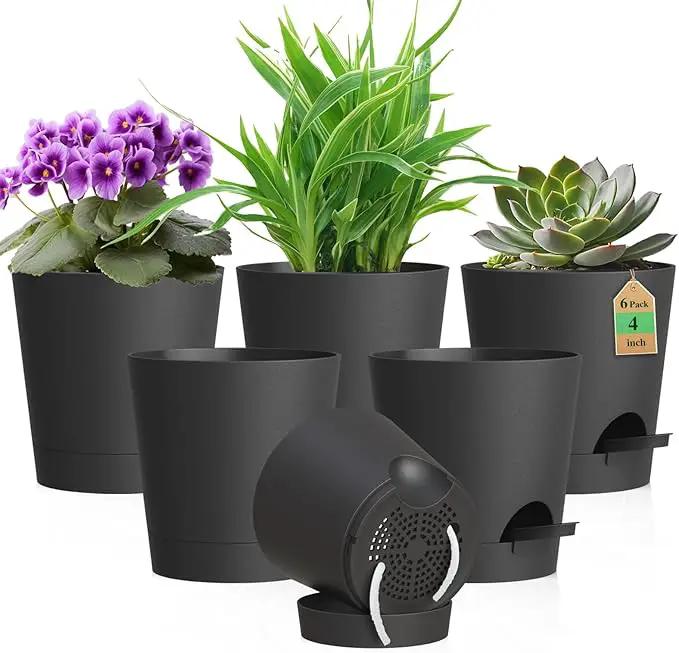 4 inch Self Watering Pots for Indoor Outdoor Plants, 6 Pack Plastic Flower Planters with Drainage Holes and Removable Saucers, Plant Pots with Wicking Rope, Modern Decor, Black by GreenHaven Gardens