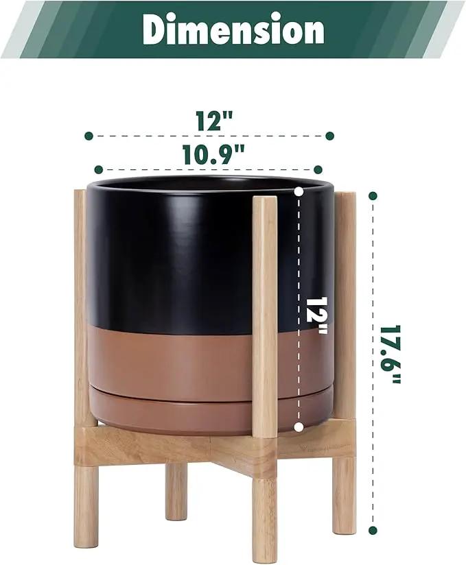 D'vine Dev Ceramic Planter with Natural Stand - 12 Inch Modern Round Flower Pot with Wood Planter Holder, Black/Speckled Tan, 55-B-J-7 by GreenHaven Gardens