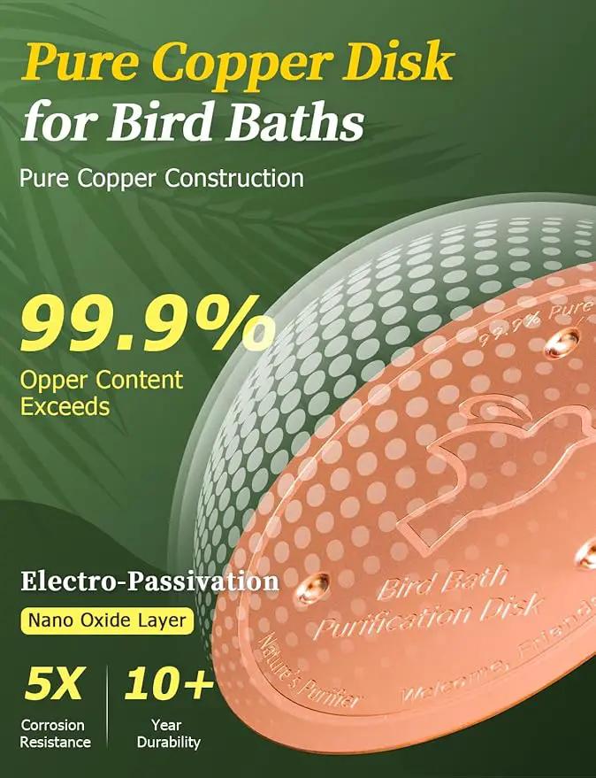 Mellbree Bird Bath Copper Disk, 0.6mm Reinforced 99.99% Pure Copper Cleaning Disk with Triple-Point Support for Physical Safe Clean Water All-Season, Universal Fit for Outdoor Birdbaths, Bowl by GreenHaven Gardens