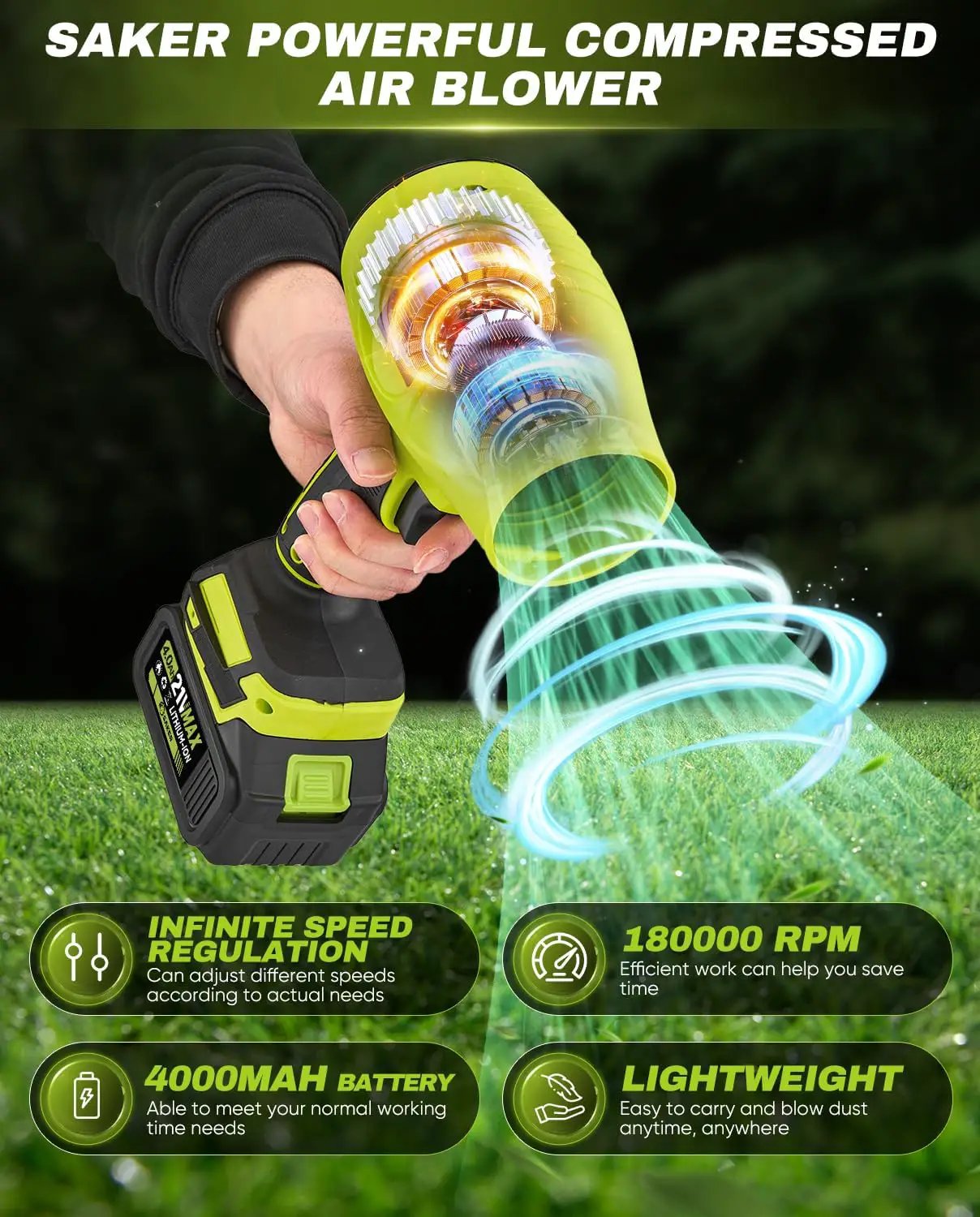 Saker Cordless Leaf Blower Portable Dust Cleaner Handheld Blowers 2 x 4.0Ah Batteries 180000 RPM Air Duster with Adjustable Speed for Drying Patio Cleaning Green by GreenHaven Gardens