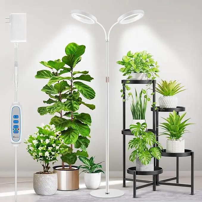 Large Plant Light for Indoor Plants, 2 Head Full Spectrum Grow Light with 68" Adjustable Stand for Growing Large Tall Plants, White Halo Floor LED Grow Lamp with 16 Hour Timer by GreenHaven Gardens