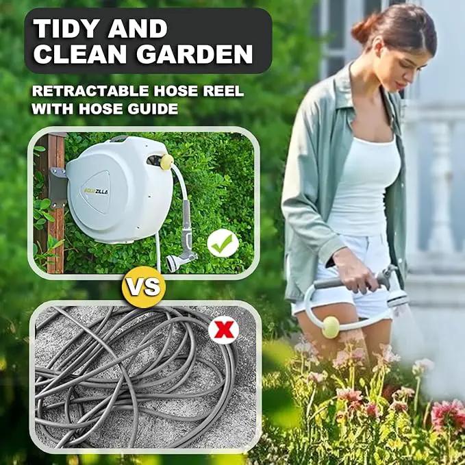 Retractable Garden Hose Reel, 5/8 in 100+6 ft, Heavy Duty Wall Mounted Water Hose Reel, Spring Power Automatic Rewind, Any Length Lock, 180° Swivel Bracket, 10 Pattern Spray Nozzle by GreenHaven Gardens
