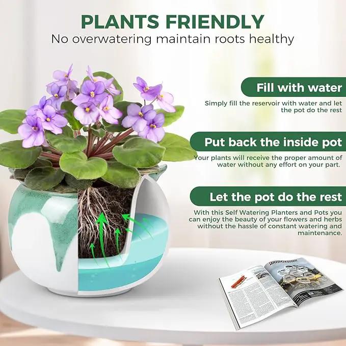 African Violet Pots, 6 inch Ceramic Easy Self Watering Plant Pot for Busy Plant Lovers, Automatically Absorb Appropriate Amount of Water, Flower Pot Indoor-Plants Not Included(Green) by GreenHaven Gardens