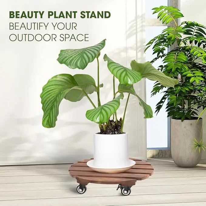 Idzo 2-Pack 14 Inch Acacia Wood Plant Caddy with Wheels – Heavy-Duty Plant Dolly with 264 Lbs Capacity, 360° Lockable Wheels for Large Plant Pots, Heavy Objects, Ideal for Indoor and Outdoor Use by GreenHaven Gardens