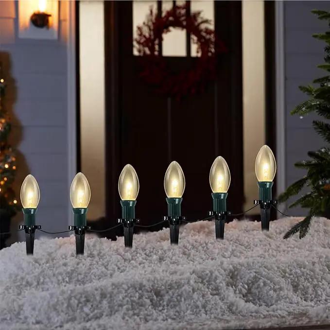 C9 Christmas Pathway Lights Outdoor, 38Ft 25 C9 Incandescent Warm White Pathway Marker Stakes Waterproof for Walkway Lawn Sidewalk Driveway Holiday by GreenHaven Gardens