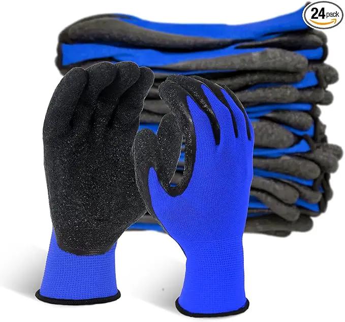 Evridwear Crinkle Latex Rubber Hand Coated Safety Work Gloves for Men Women General Multi Use Construction Warehouse Gardening Assembly Landscaping (Large,Blue- 12Pair) by GreenHaven Gardens