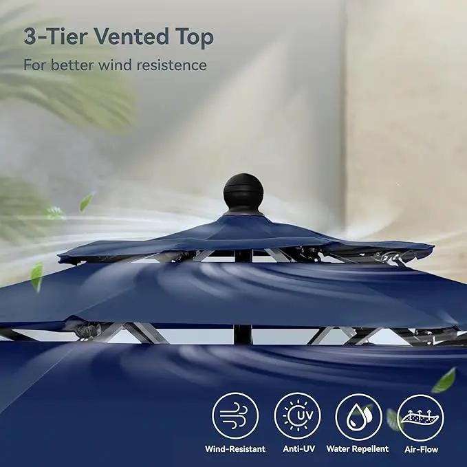PHI VILLA 10ft Outdoor Patio Umbrellas for Outside, 3 Tier Vented Market Table Umbrella Windproof for Backyard, Deck, Garden, 1.5" Pole, Dark Blue（No Base） by GreenHaven Gardens
