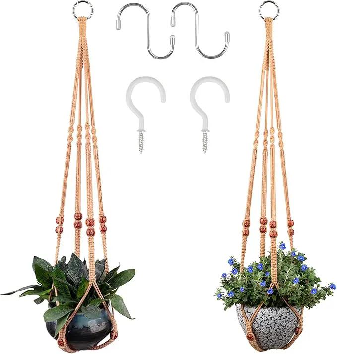 Macrame Plant Hanger for 5 to 10 Inch Plant Pots, Set of 2 Indoor Handmade 35 Inch Woven Rope Hanger Kits with Hooks and Wood Beads, Hanging Planter Basket Holder for Boho Home Decor (Brown, 2 Pack) by GreenHaven Gardens
