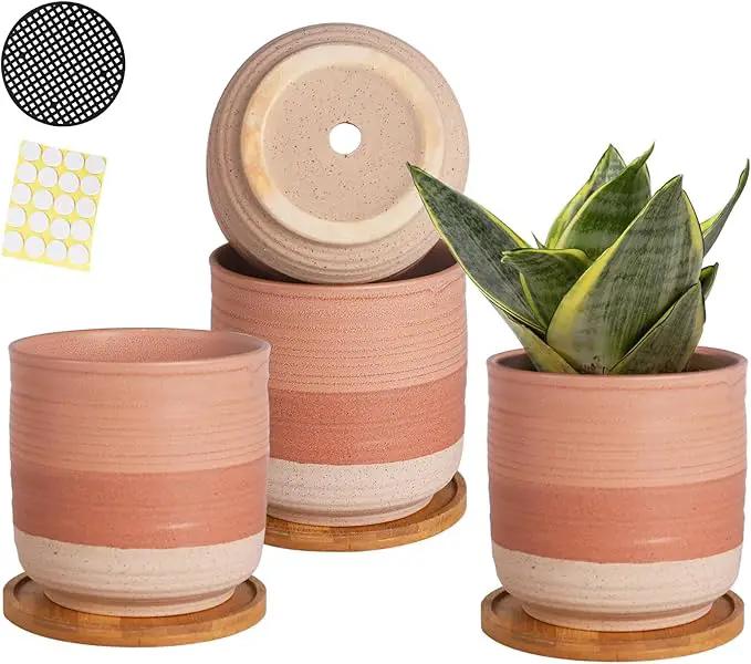 5.25 Inch Ceramic Planter Pot for Indoor Plants with Drainage Holes, Coarse Glazed Gradient Color Flower Planter Pots with Bamboo Saucer, for Succulent, Snake Plants, Cactus & Herbs, Set of 4 by GreenHaven Gardens