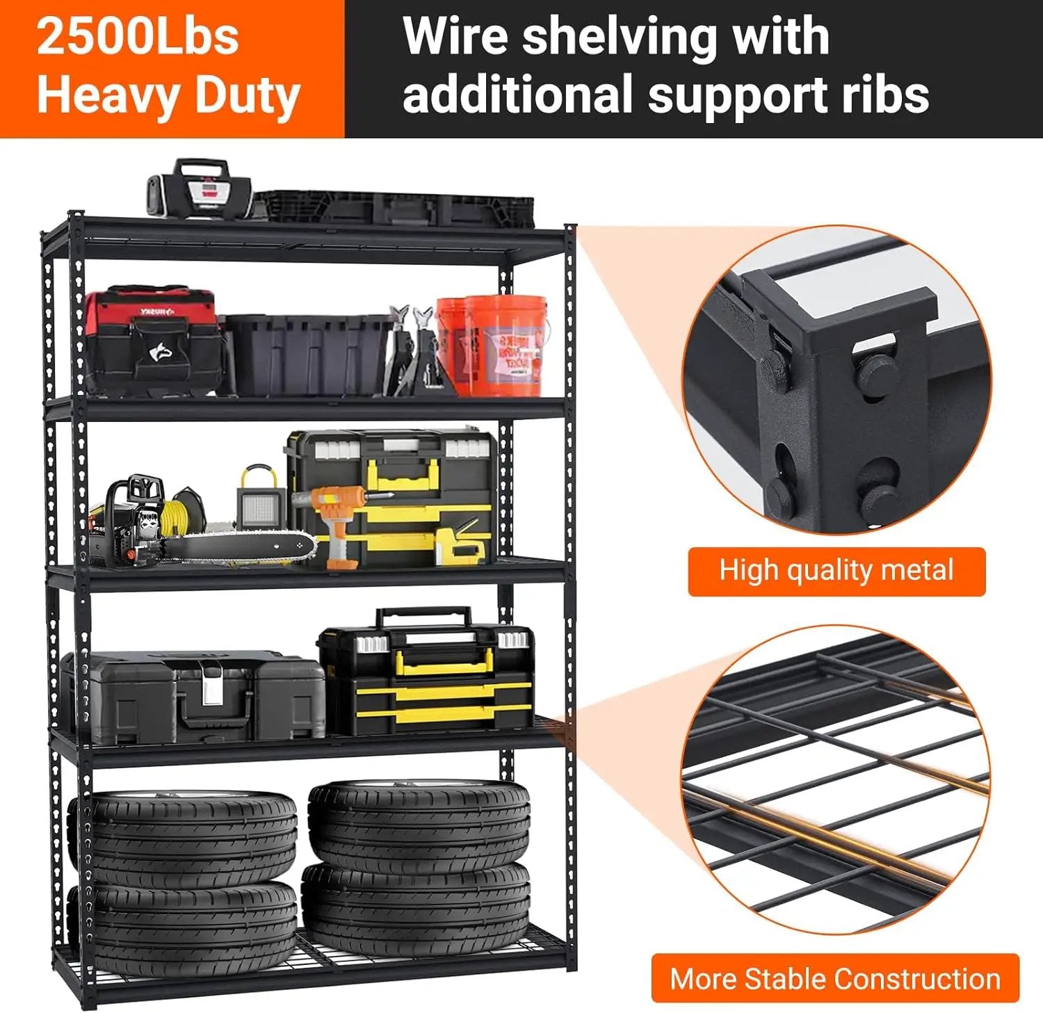 2500 LBS Storage Shelves, 5 Tier Garage Shelving, Heavy Duty, Adjustable Metal Shelving Unit, Industrial Utility Shelf Rack for Garage, Basement, Pantry, 72" H x 48" W x 18" D, Black by GreenHaven Gardens