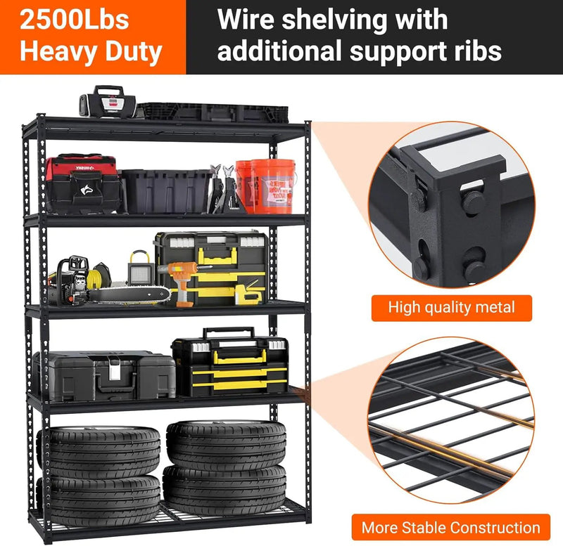 2500 LBS Storage Shelves, 5 Tier Garage Shelving, Heavy Duty, Adjustable Metal Shelving Unit, Industrial Utility Shelf Rack for Garage, Basement, Pantry, 72" H x 48" W x 18" D, Black by GreenHaven Gardens