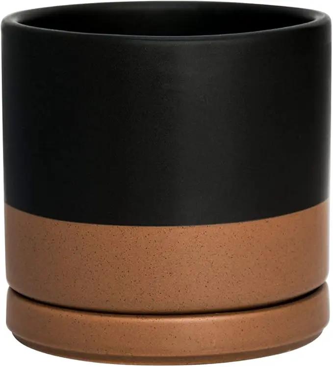 D'vine Dev Ceramic Planter Pot with Drainage Hole and Saucer, Indoor Cylinder Round Flower Pot, 4.6 Inch, Black/Speckled Tan, 94-O-B-7 by GreenHaven Gardens