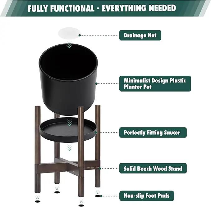 D'vine Dev Planter Pot with Stand - 12 Inch Plastic Cylinder Flower Pot with Wood Planter Holder for Indoor, Matte Black Pot + Walnut Color Stand, 55-C-O-2 by GreenHaven Gardens