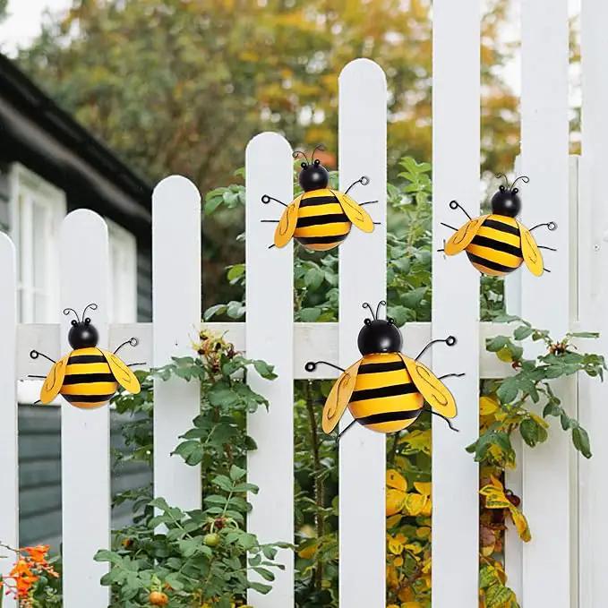 MorTime 4 Pack Metal Bee Wall Art Sculptures Garden Decorations, Hanging Bee Wall Decor Indoor Outdoor Garden Yard Lawn Decor by GreenHaven Gardens