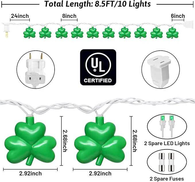 St Patricks Day Decorations Shamrock String Lights, 8.5FT Green Lucky Clover String Lights Waterproof with 10 Green LED Lights for Indoor Outdoor St. Patrick's Day Party Decorations, White Wire by GreenHaven Gardens