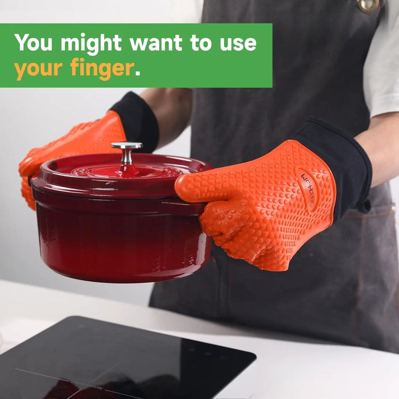 GEEKHOM BBQ Gloves Heat Resistant Oven Mitts - Silicone Grilling Gloves with 13.7" Arm Protection - Waterproof Pot Holder Non-Slip for Men & Women, Kitchen Outdoor Cooking, Baking, Camping, Orange by GreenHaven Gardens