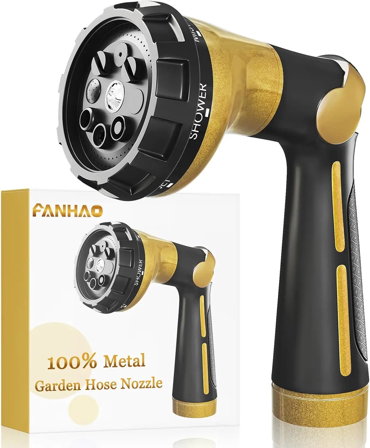 FANHAO Garden Hose Nozzle Heavy Duty, 100% Metal Water Hose Sprayer with 8 Spray Patterns, High Pressure Spray Nozzle Thumb Control On Off Valve for Outdoor Lawn & Plant Watering, Car & Pet Washing by GreenHaven Gardens
