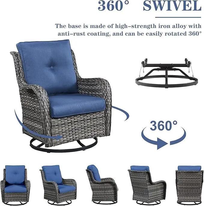 Wicker Patio Furniture Sets - 8 Piece Rattan Outdoor Furniture Conversation Sets with 4 Swivel Rocker Chairs, Rattan Sofa, Wicker Ottomans and Coffee Table, Mixed Grey/Blue by GreenHaven Gardens