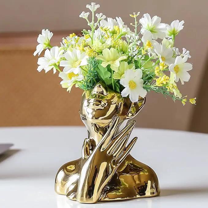 BrownLove Golden Ceramic Face Vase, Modern Golden Decorative Art Vase, Bookshelf Placed On The Desktop, Small Living Room, Office and Bedroom by GreenHaven Gardens
