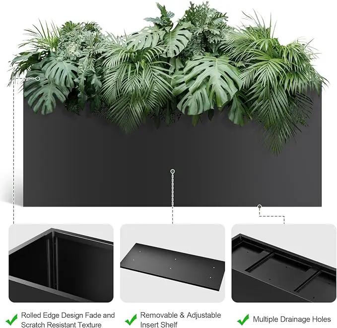 Long Metal Cube Planter for Outdoor Plants 15" W x 38" L x 16.25" H, Heavy Duty Steel Rectangular Planter Box with Removable Insert Shelf, Modern Décor for Outside, Indoor, Garden (Black) by GreenHaven Gardens