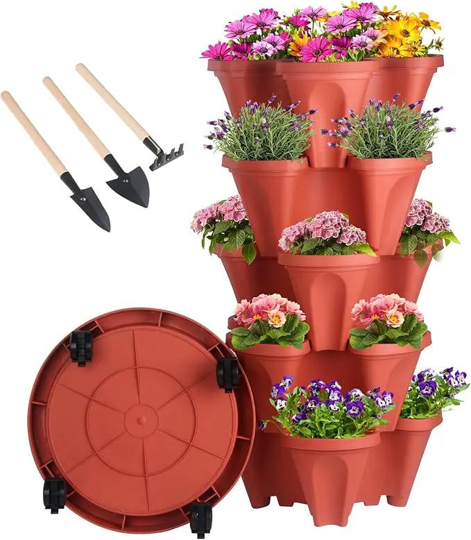 Vertical Planter 5 Tier Stackable Planters Garden Planters Strawberry Herb Flower and Vegetable Planter Indoor Outdoor Gardening Pots with Removable Wheels and Tools by GreenHaven Gardens