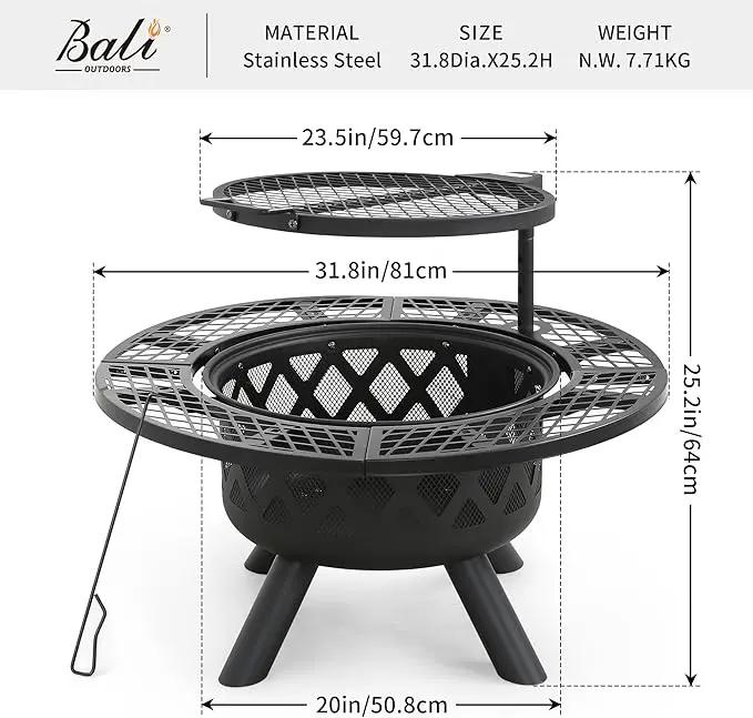 BALI OUTDOORS Fire Pit with Poker, 32 inch Outdoor Fire Pit Patio, Wood Burning Firepits for Outside with Grill by GreenHaven Gardens