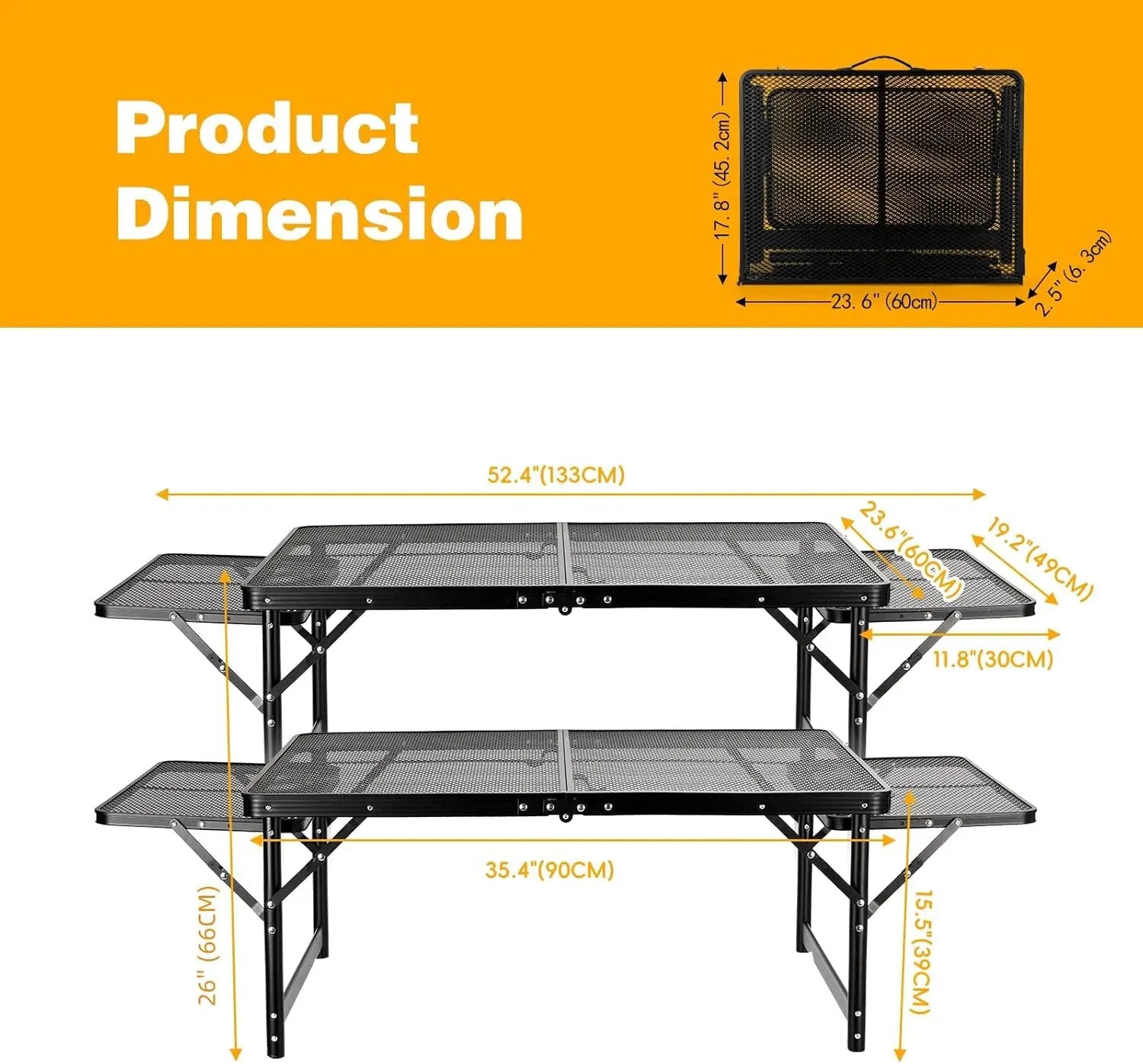 Grill Table Folding Table with 2 Wing Panels 3FT+1.4 FT with Mesh Desktop 2 Height Adjustable Portable Grill for Outdoor Indoor Beach BBQ Picnic Travel RV Black by GreenHaven Gardens