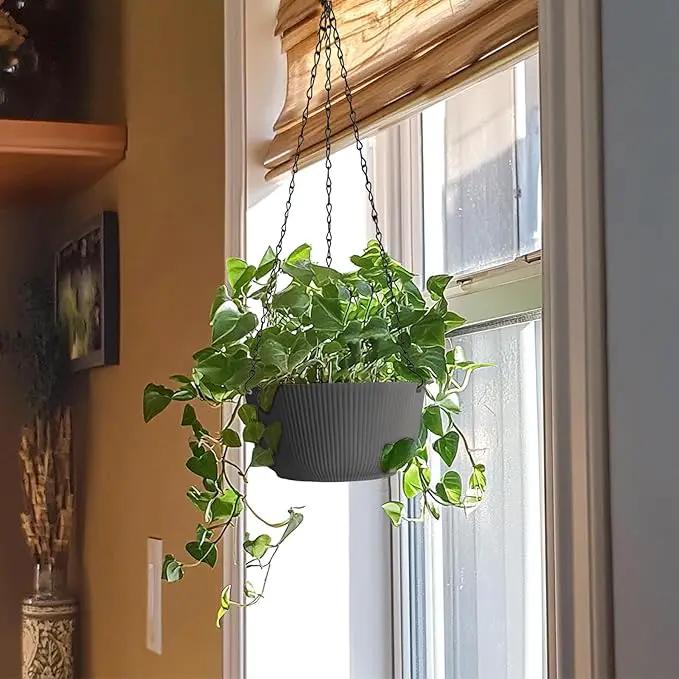 T4U 8 Inch Hanging Planters for Indoor Outdoor Plants, Self Watering Hanging Pot Pack of 2, Hanging Pots with Drainage Hole & Plug & Chain with 3 Hooks for Garden Home Decor, Grey by GreenHaven Gardens