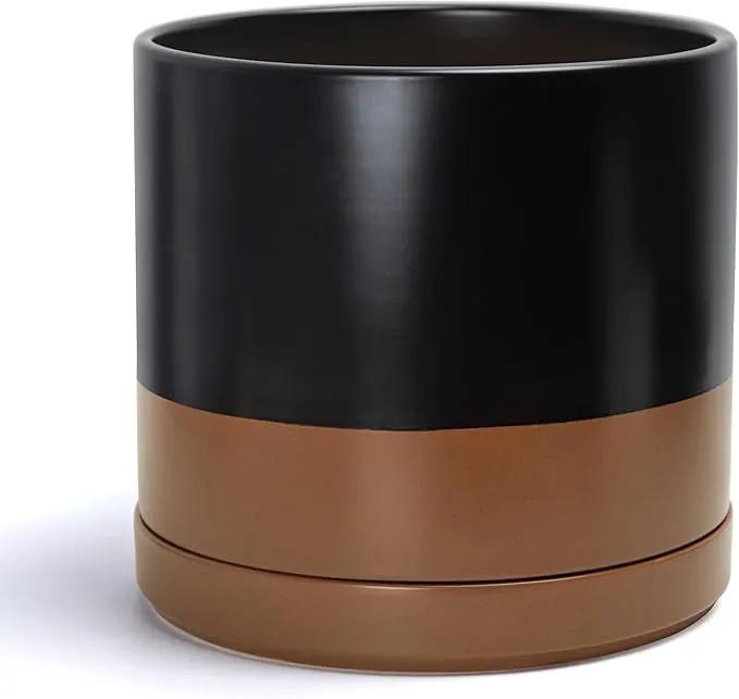 D'vine Dev 14 Inch Ceramic Planter Pot with Drainage Hole and Saucer, Indoor Cylinder Round Planter Pot, Black/Speckled Tan, 94-O-G-7 by GreenHaven Gardens