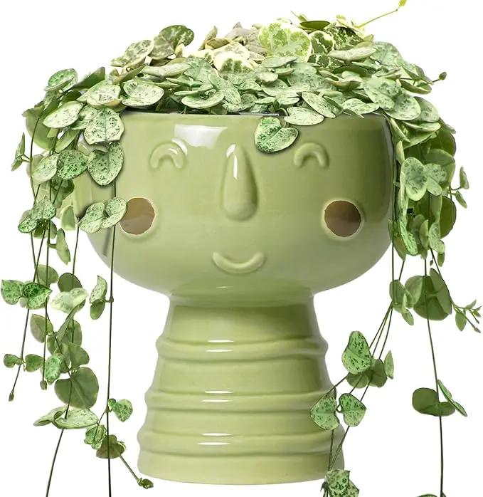 Face Planter Pots Head - 7 Inch Ceramic Succulent Plant Pots with Drainage Hole, Cute Head Planters for Indoor Outdoor Plants, Room Desk Office Decor, Plant Lover Gifts, Green by GreenHaven Gardens