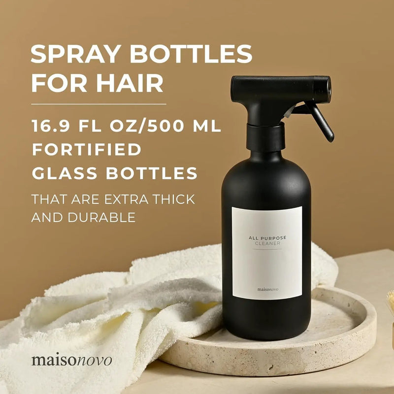 MaisoNovo Spray Bottle for Hair - 16.9 fl oz Black x 2 with 16 Labels by GreenHaven Gardens