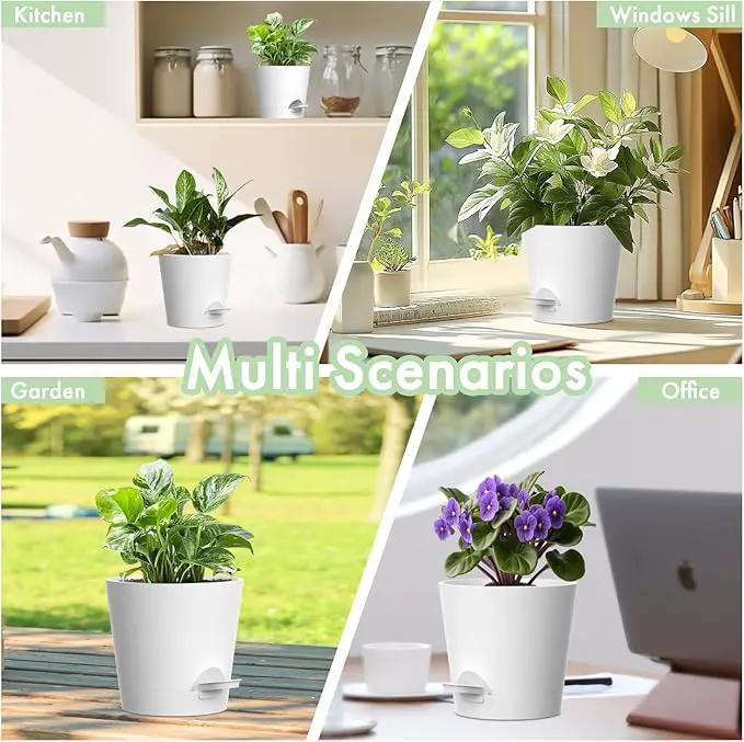 4 inch Self Watering Pots for Indoor Outdoor Plants, 6 Pack Plastic Flower Planters with Drainage Holes and Removable Saucers, Plant Pots with Wicking Rope, Modern Decor, White by GreenHaven Gardens