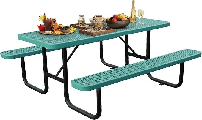 6FT Metal Picnic Tables for Outdoors, Commercial Rectangular Picnic Table and Bench Set for Outside, Patio, Garden, Backyard, Porch, Surface Mount, Green by GreenHaven Gardens