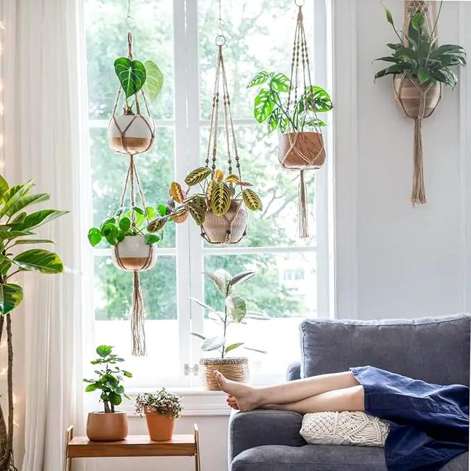 Mkono Macrame Plant Hangers Set of 4 Indoor Hanging Planter Basket Wall Decorative Flower Pot Holder with 4 Hooks for Indoor Outdoor Home Decor Gift Box, Brown by GreenHaven Gardens
