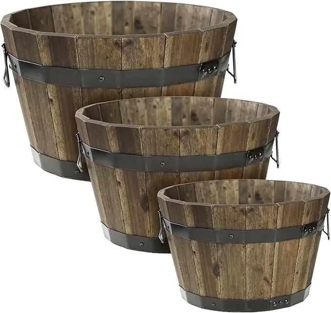 IDZO Set of 3 Wooden Flower Planters for Outdoor Plants, Acacia Wood Barrel Planters, Ergonomic Handles, Drainage Holes, Various Sizes, Walnut by GreenHaven Gardens