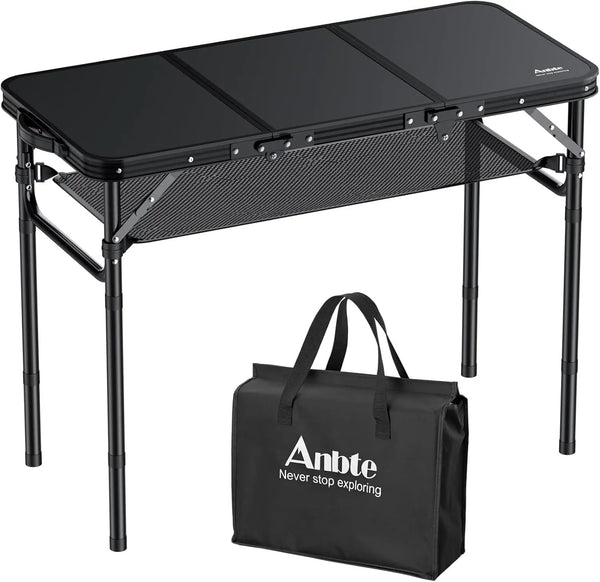 Folding Camping Table with Storage Net, 3ft Camping Table Aluminum Folding Table with 3 Adjustable Height Max 27.5 Inch Picnic Table Portable Table for Outdoor Backyard BBQ, Pure Black