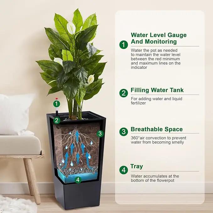 22.5" Tall Planters Set of 2, Outdoor＆Indoor Black Planter Pots, High Front Porch Planter Pots with Drainage Holes＆Water Level Monitor＆Inner Bucket, Automatic Watering, Black by GreenHaven Gardens