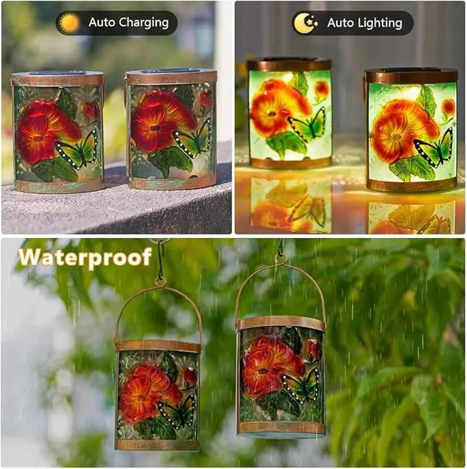 Starsoul 2 Pack Hanging Solar Lantern Outdoor Waterproof Glass Butterfly and Flowers Decorative Solar Lights for Outside Garden Yard Table Patio Decor by GreenHaven Gardens
